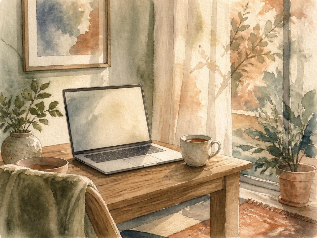 Aquarela de um canto acolhedor com notebook, xícara e luz suave da janela